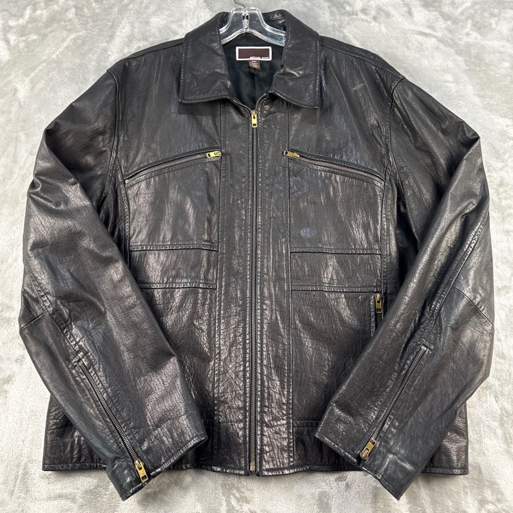Michael Kors Jacket Mens XXL Moto Bomber Black Genuine Leather Zip EUC